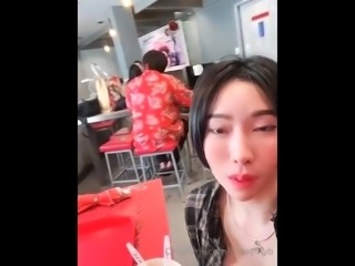 Stacked Asian girl flashing and masturbating in public
