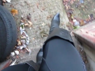 strutting around in my trashed leather thigh boots